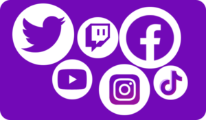 A collection of social media icons on a purple background.